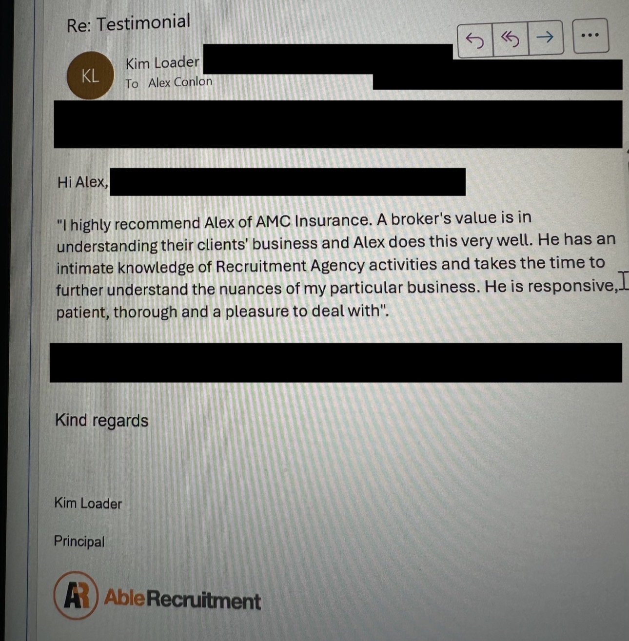 Testimonial Kim Loader Testimonial from Kim Loader as client for AMC Insurance Pty Ltd